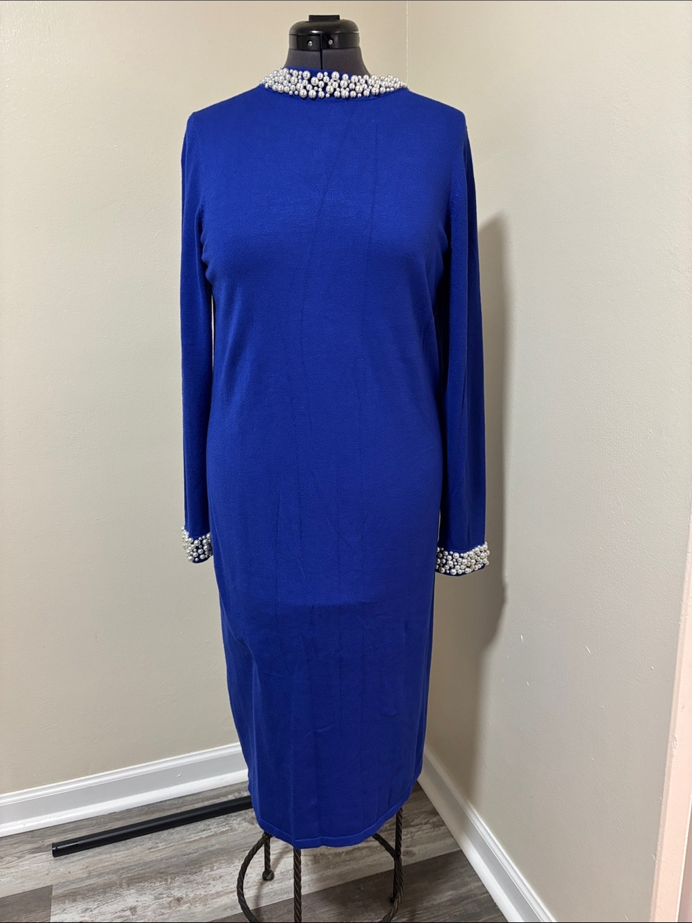 Monroe & Main Cobalt Blue Long Sleeve Beaded-Neck Dress